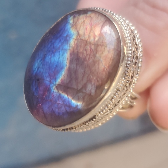 New Multicolor Flash Labradorite Antiqued 925 Silver Ring. - Picture 3 of 16